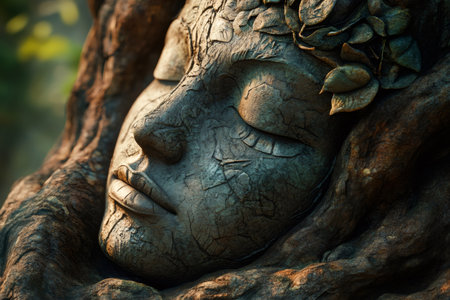 Serene face of mother nature sculpted in wood, resting peacefully, adorned with leaves, embodying the tranquility of natureの素材