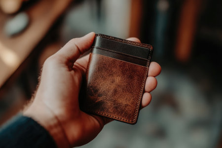 Man showing elegant brown leather wallet with credit card inside in a blurred indoor environmentの素材