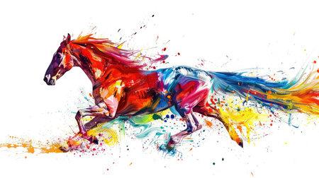 Horse runs forward in a dynamic pose made by colorful wild color splash isolated on white background.の素材
