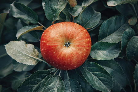 Fresh red apple with water droplets nestled among lush green leaves outdoors.の素材