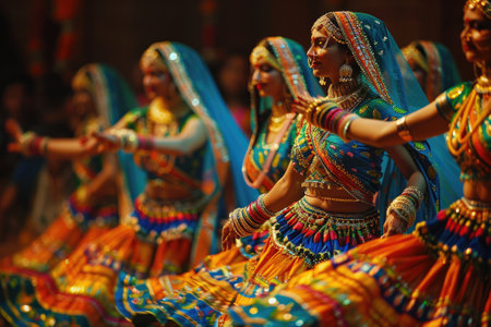 Group of Indian women in colorful traditional attire performing a dance on stageの素材