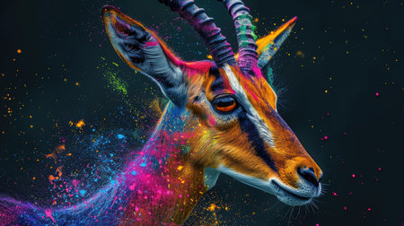 Vibrant antelope with colorful paint splashes on dark background, abstract art.の素材