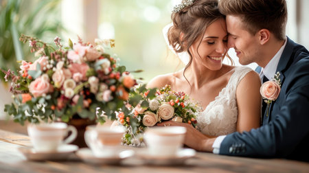 Romantic wedding moment with bride and groom sharing an intimate embrace.の素材