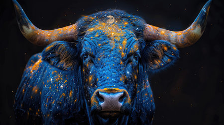 Uv painting of universe on real bull head.の素材