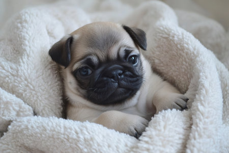 Adorable pug puppy relaxing on a comfortable white blanket, enjoying warmth and comfortの素材