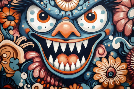 Colorful monster face with sharp teeth and glowing eyes emerging from floral decoration, creating a captivating and eerie visualの素材
