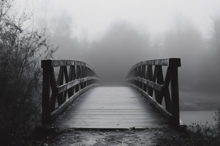Wooden bridge over a river disappearing into the fog on a cold and misty winter morningの素材