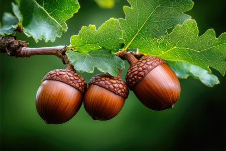 Close up of ripe acorns hanging from an oak branch, showcasing the beauty of natureの素材