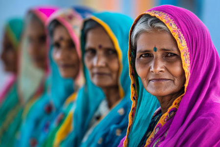 Four Indian women wearing colorful saris and bindis are posing togetherの素材
