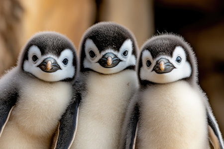 Three cute baby penguins are standing together, creating a heartwarming sceneの素材