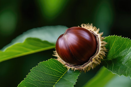 Close up of a ripe chestnut fruit emerging from its protective spiky shell, showcasing the beauty of nature's autumn harvestの素材