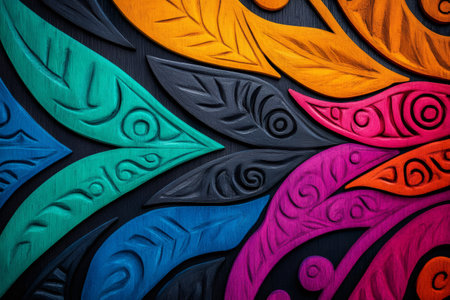 Intricate wooden feathers, carved and painted in a spectrum of vibrant colors, form a captivating indigenous inspired design on a dark backgroundの素材