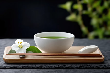Traditional Japanese matcha tea ceremony preparation with a white bowl, chopsticks, flower and bamboo trayの素材