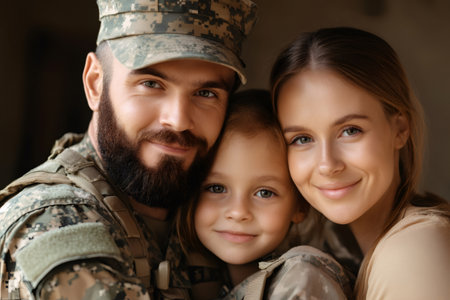 American soldier dad hugging his family, expressing love and support before deployment or after returning homeの素材