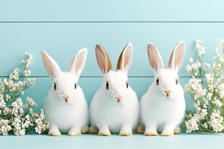 Three adorable white baby bunnies are sitting on a light blue wooden surface with white flowers, creating a charming easter sceneの素材