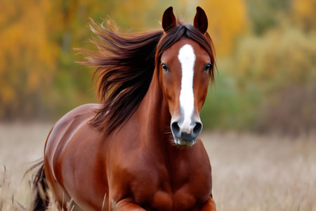 Chestnut horse galloping in a field with fall colors in the backgroundの素材