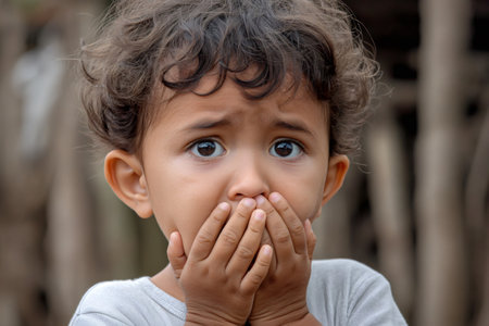 Portrait of a worried young child covering their mouth with hands, conveying feelings of fear, anxiety, and worryの素材