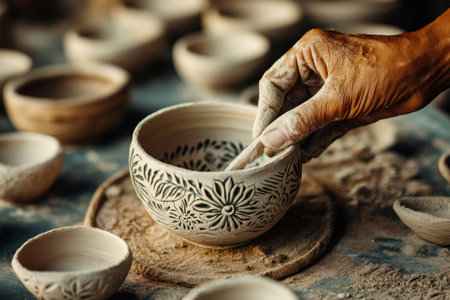 Potter meticulously carving a floral design onto a ceramic bowl, surrounded by other bowls in progress, showcasing the artistry of potteryの素材