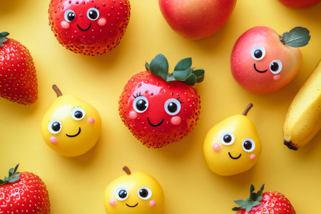 Pattern of funny smiling fruits promoting healthy diet, enjoying life and well-beingの素材