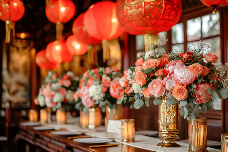 Peach and coral flowers in gold vases decorate a table set for Chinese New Year, illuminated by the warm glow of traditional red lanternsの素材