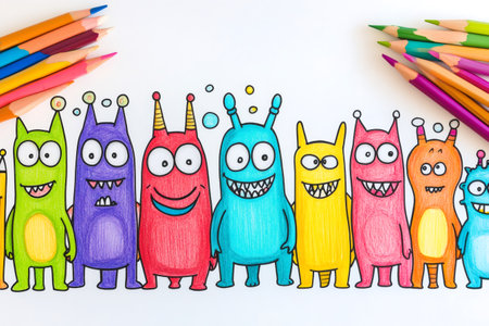 Cartoon monsters are smiling and having fun, colored with pencils, in a children's illustrationの素材