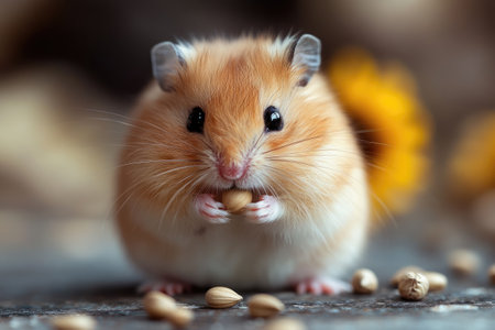Cute hamster eating seeds on a wooden table with sunflower in backgroundの素材
