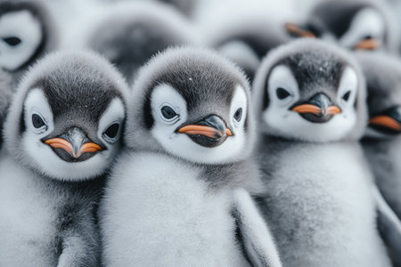 Adorable baby penguins huddled together, showcasing their fluffy gray and white plumageの素材