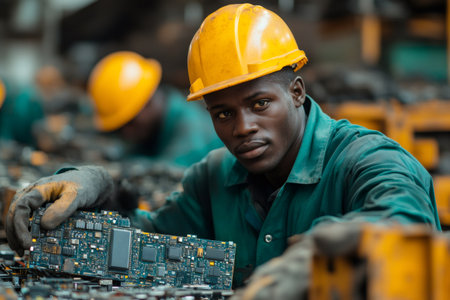African worker handling electronic waste for recycling and resource recoveryの素材