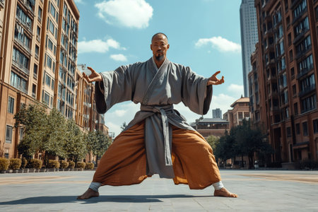 Shaolin master performing martial arts in a city square, showcasing balance and powerの素材