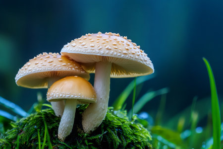 Close up of wild mushrooms flourishing amidst green moss and grass, creating a captivating scene of natural beautyの素材