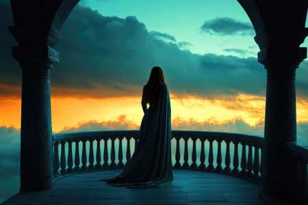 Majestic queen observing a breathtaking sunset from her castle balcony, a scene of fantasy and wonderの素材