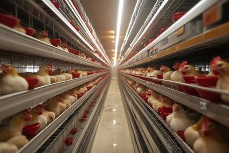Rows of laying hens eating in a chicken farm, industrial poultry farming conceptの素材