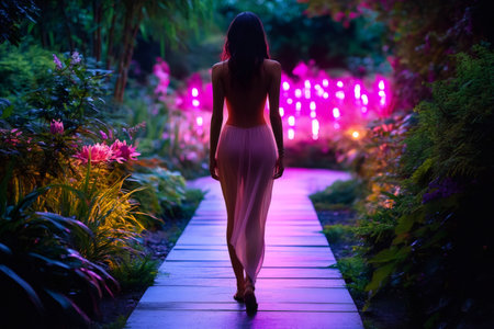 Fashion model walks down illuminated path surrounded by lush tropical plants and flowers at nightの素材