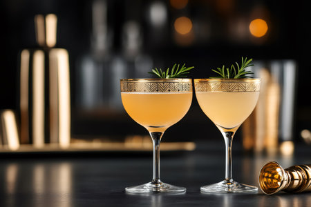 Two sophisticated cocktails garnished with rosemary sprigs are presented in a dimly lit, high-end bar environmentの素材