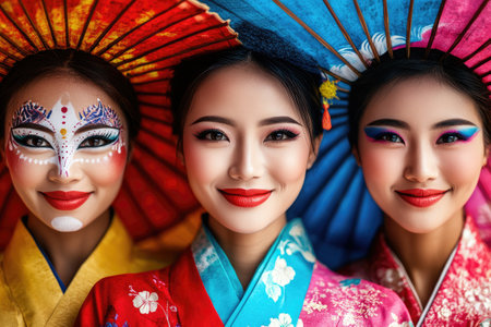 Three smiling geishas wearing traditional makeup and kimono, posing together with colorful umbrellasの素材