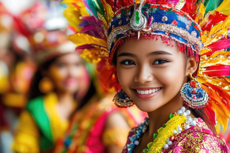 Portrait of a young woman smiling and wearing traditional colorful costume with feather headdress during a festivalの素材