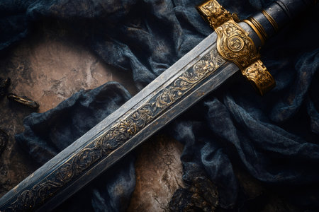 Close up of an ornate medieval sword with gold inlay, resting on a dark cloth, evoking themes of history, fantasy, and adventureの素材