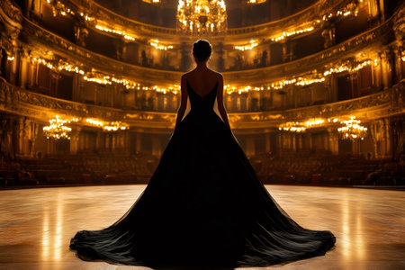 Opera singer wearing an elegant black dress standing on stage in an empty theaterの素材