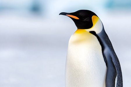 Majestic emperor penguin enjoying the cold Antarctic landscape, showcasing its distinctive black, white, and yellow plumageの素材