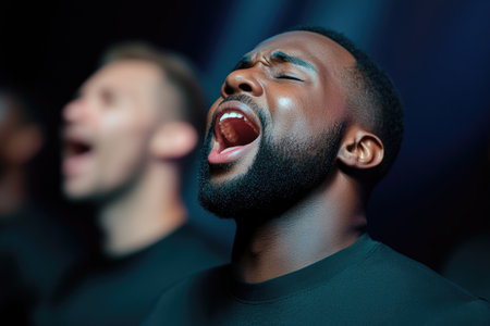 Black gospel singer singing with passion and emotion during a concertの素材