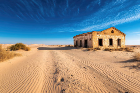 Crumbling walls of an abandoned house stand amidst rippling sand dunes under a vibrant blue sky, showcasing the power of natureの素材