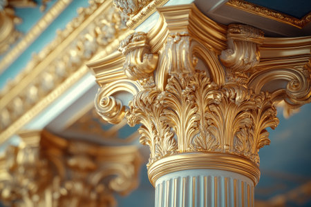 Close up of a gilded capital featuring acanthus leaves, supporting an ornate ceiling, showcasing opulence and grandeurの素材