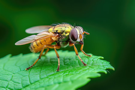 Close up of a yellow dung fly resting on a vibrant green leaf, showcasing its intricate detailsの素材