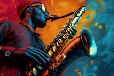 Musician intensely playing saxophone with vibrant colors and artistic backgroundの素材