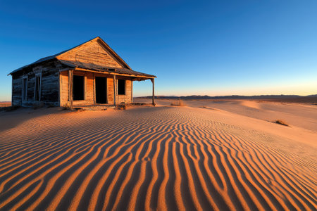 Windswept sand dunes surround a decaying wooden house in a vast desert landscape, illuminated by the warm glow of the setting sunの素材