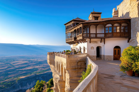 Tourists enjoying the panoramic view from a restaurant built into the side of a cliff in Cuenca, Spainの素材