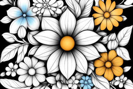Detailed illustration featuring a prominent white flower surrounded by smaller, colorful blossoms and leaves, creating a vibrant contrast against a dark backdropの素材