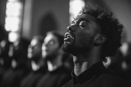 Black gospel singer singing with closed eyes during a concert in a churchの素材