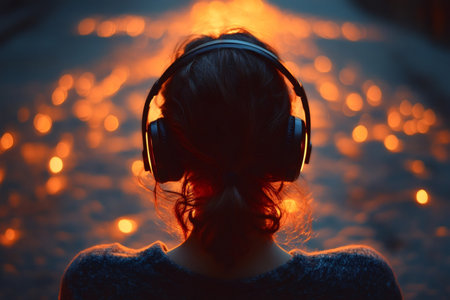 Girl enjoying music with headphones at sunset with bokeh lights in the backgroundの素材