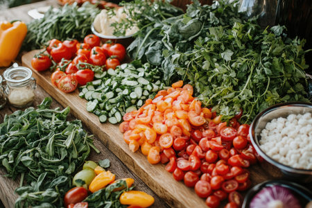 Variety of freshly chopped vegetables arranged on wooden cutting board in commercial kitchen, ready for cooking healthy dishesの素材